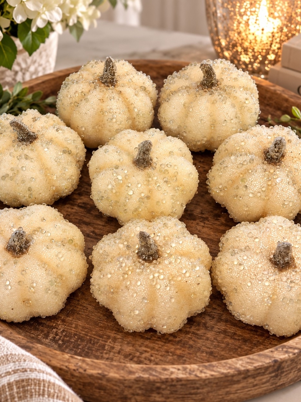 Beaded Cream Mini Pumpkin Set - Decorative Fall Accents